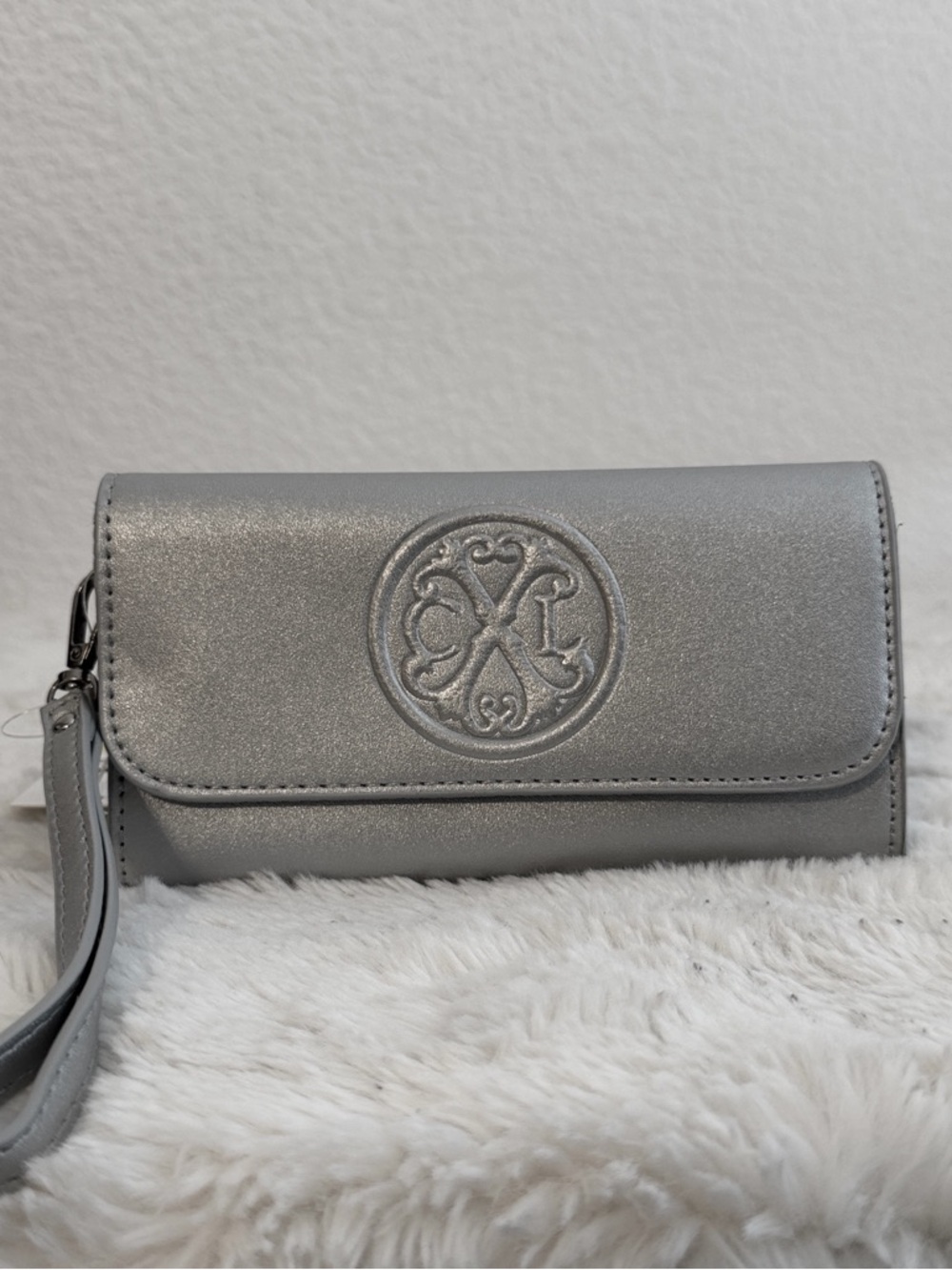 CXL by Christian Lacroix Silver Wristlet Clutch Wallet w/ Embossed Monogram NWT